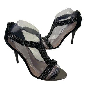 *Glint Strappy Rhinestone Heels Womens Sz 8.5 Black Leather Embellished Wedding